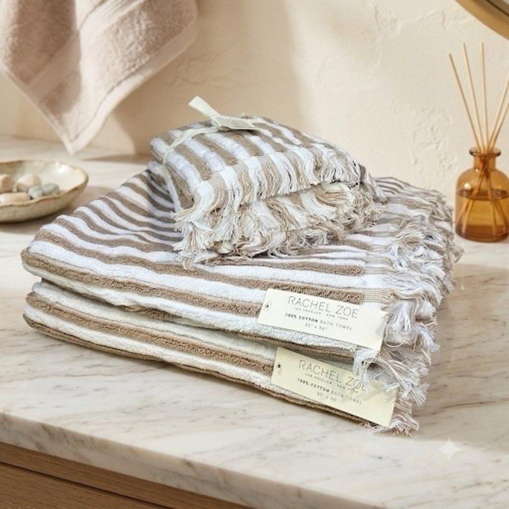 Rachel Zoe 4-Piece Towel Set Light Beige & White Stripe Fringe 100% Cotton NWT